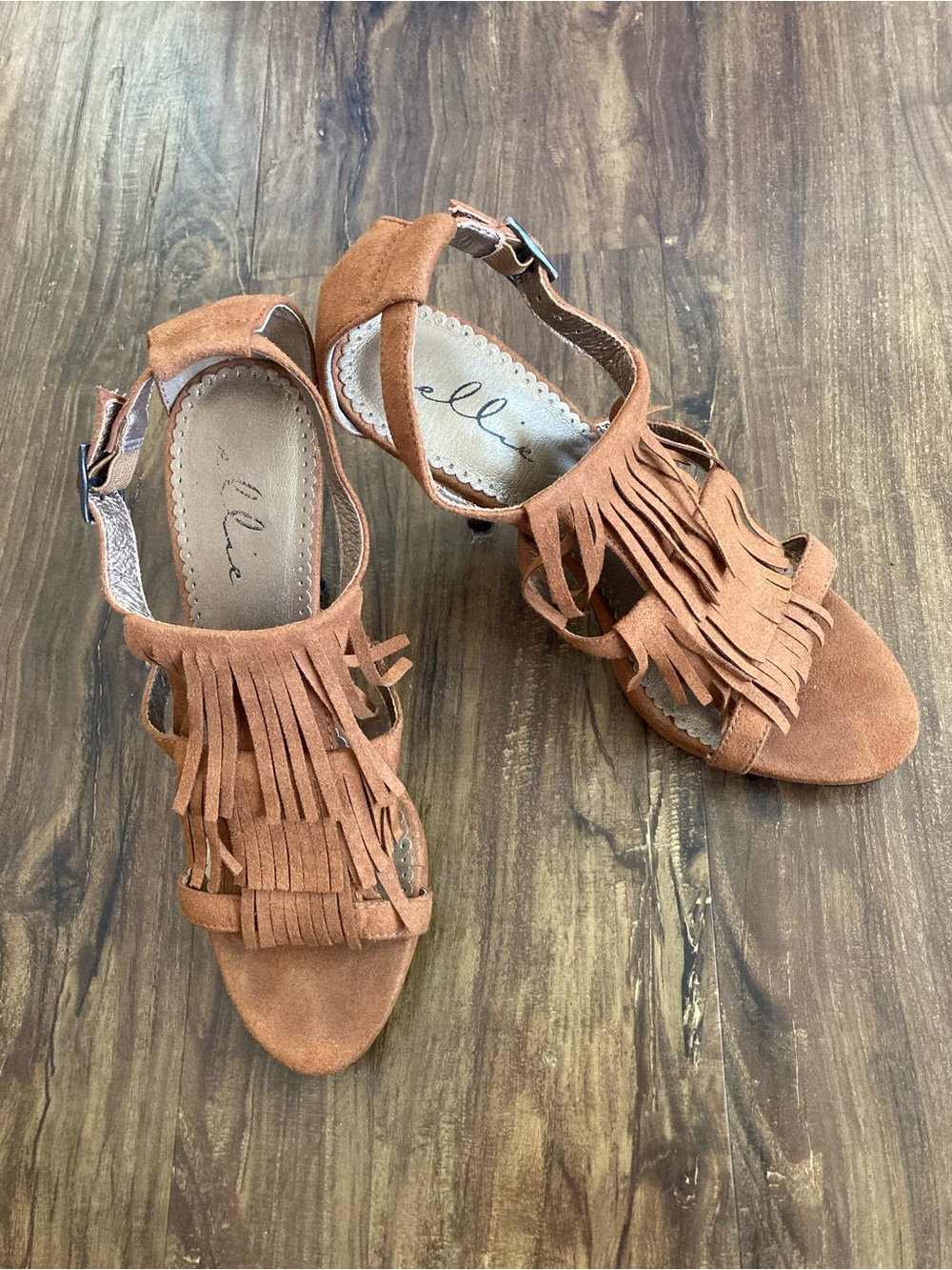 Ellie Fringe Suede Open-Toe High Heels Women’s Size 8 Brown Bohemian